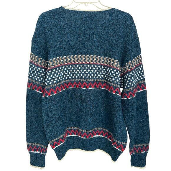 Vintage 80s Jantzen Wool Blend Fair Isle Nordic Sweater Blue Made in USA Size L - Picture 3 of 9